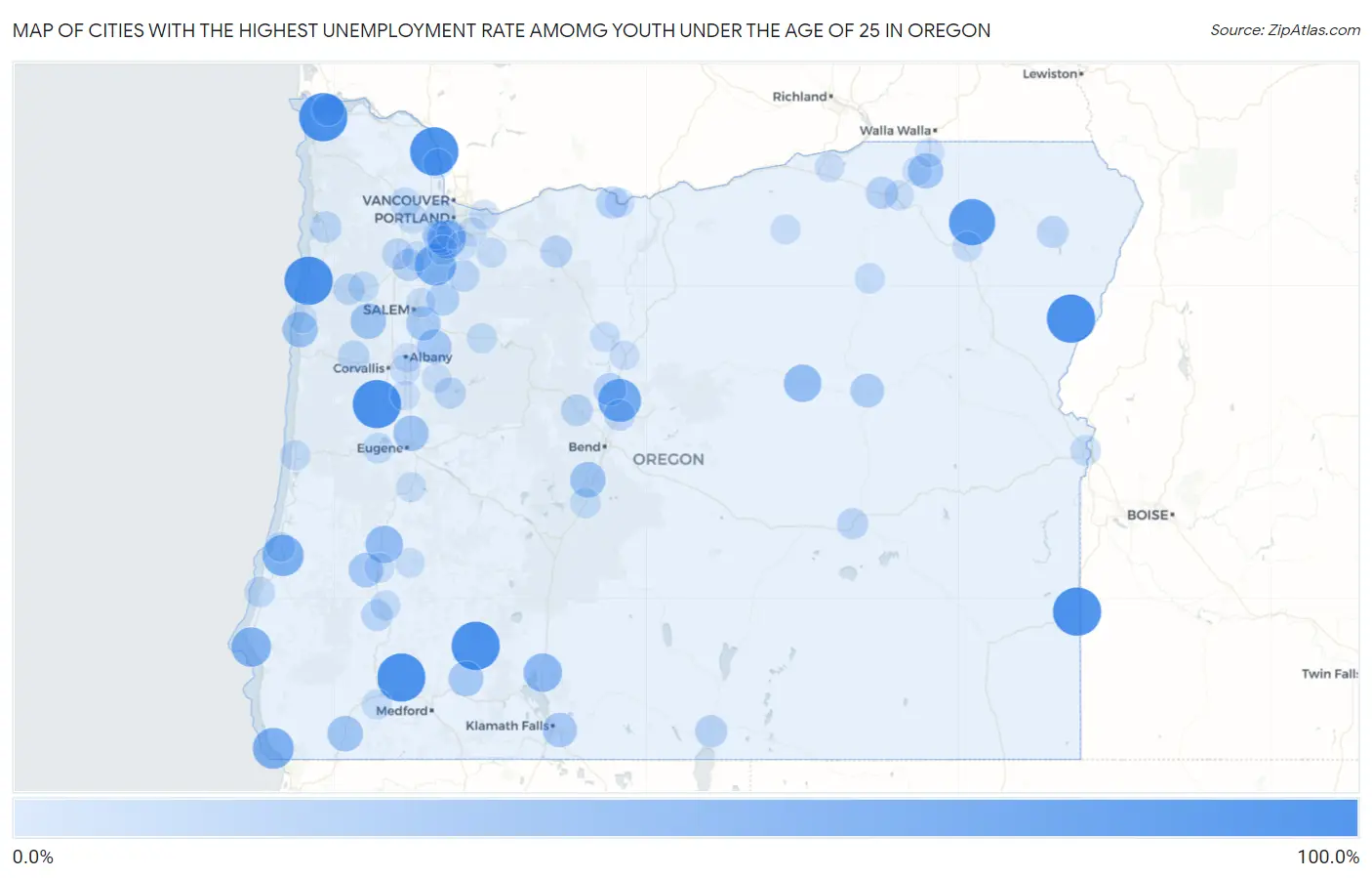 Cities with the Highest Unemployment Rate Amomg Youth Under the Age of 25 in Oregon Map