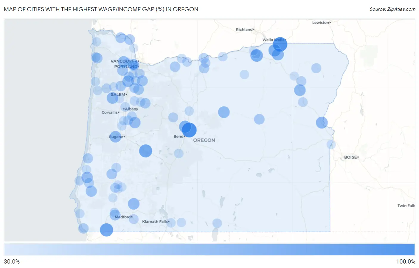 Cities with the Highest Wage/Income Gap (%) in Oregon Map
