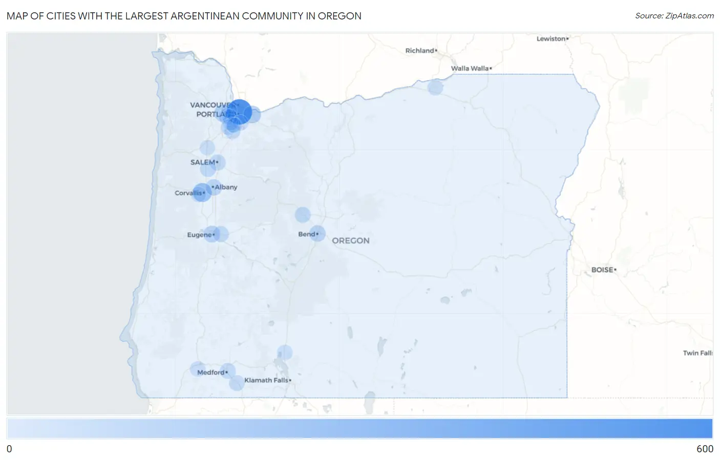 Cities with the Largest Argentinean Community in Oregon Map