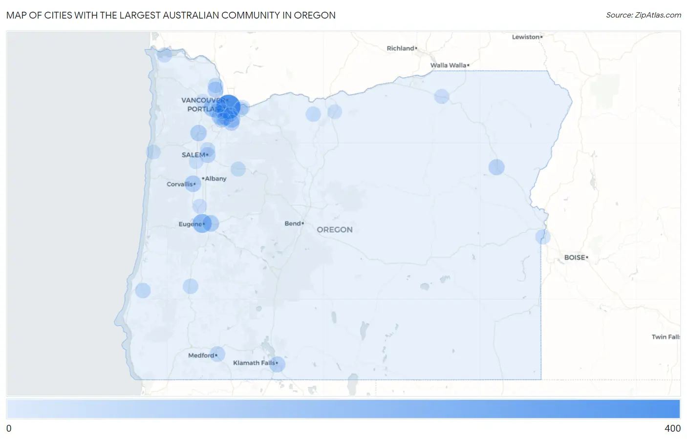 Cities with the Largest Australian Community in Oregon Map