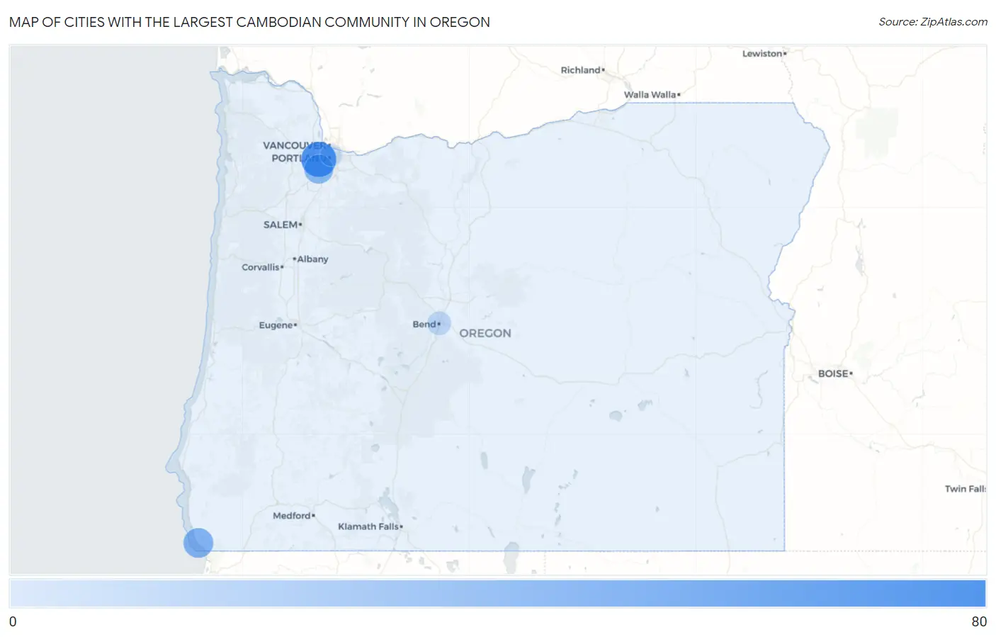 Cities with the Largest Cambodian Community in Oregon Map