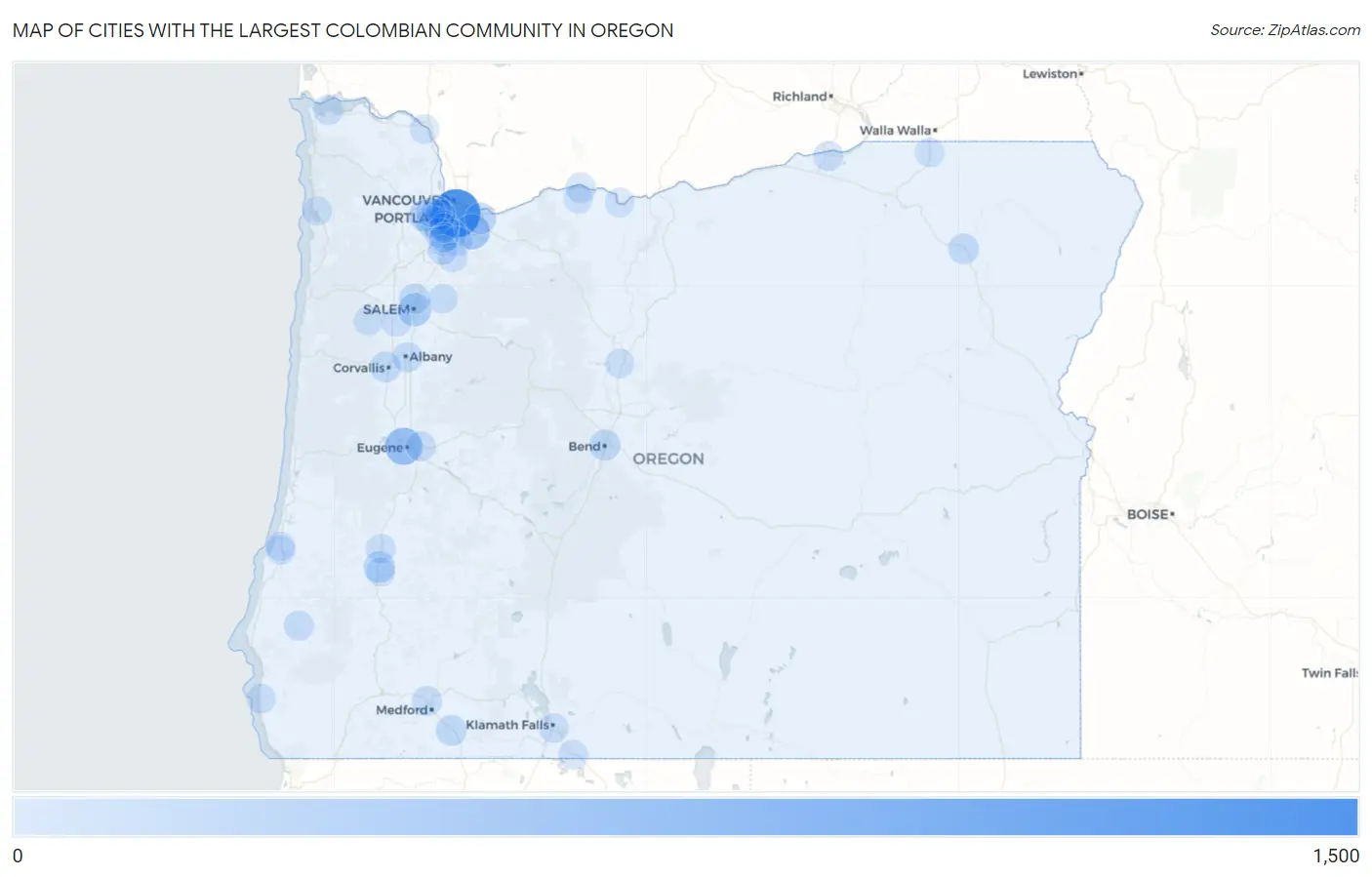 Cities with the Largest Colombian Community in Oregon Map