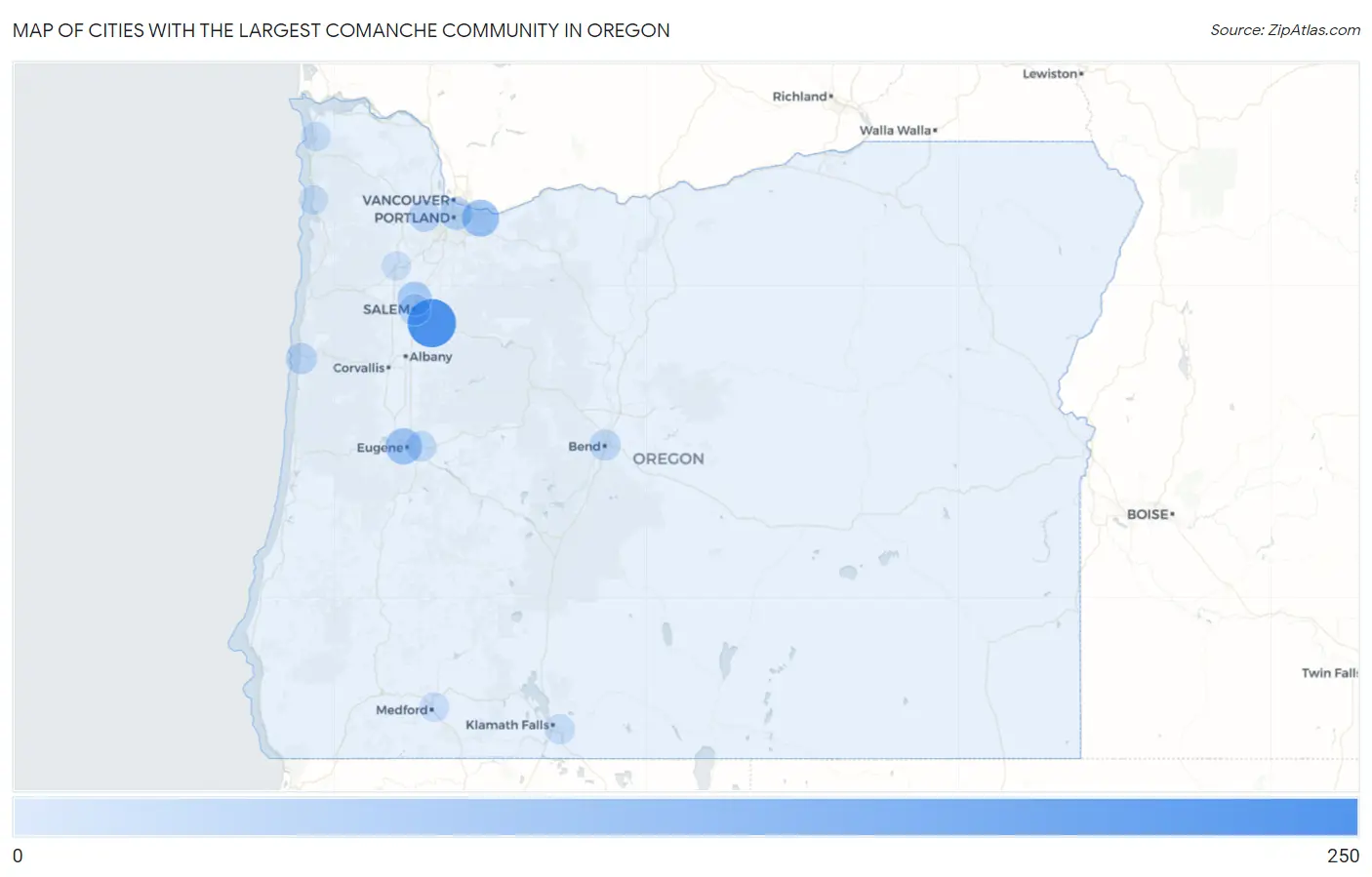 Cities with the Largest Comanche Community in Oregon Map