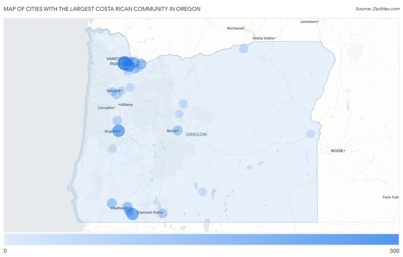 Cities with the Largest Costa Rican Community in Oregon Map