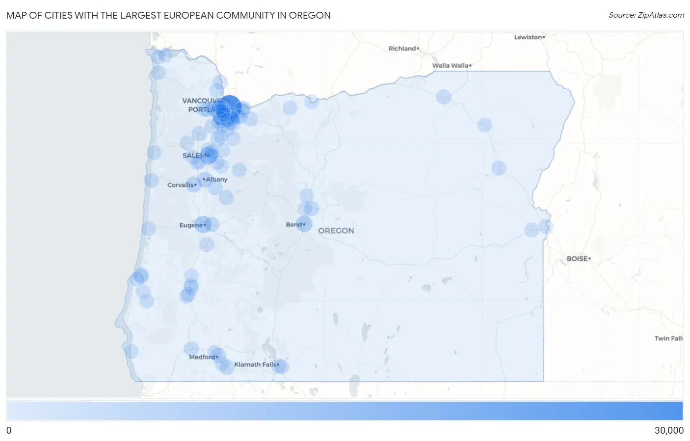 Cities with the Largest European Community in Oregon Map