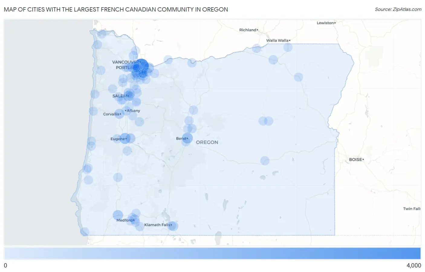 Cities with the Largest French Canadian Community in Oregon Map