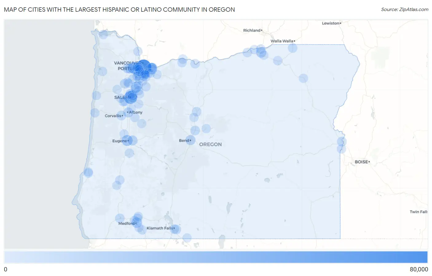 Cities with the Largest Hispanic or Latino Community in Oregon Map