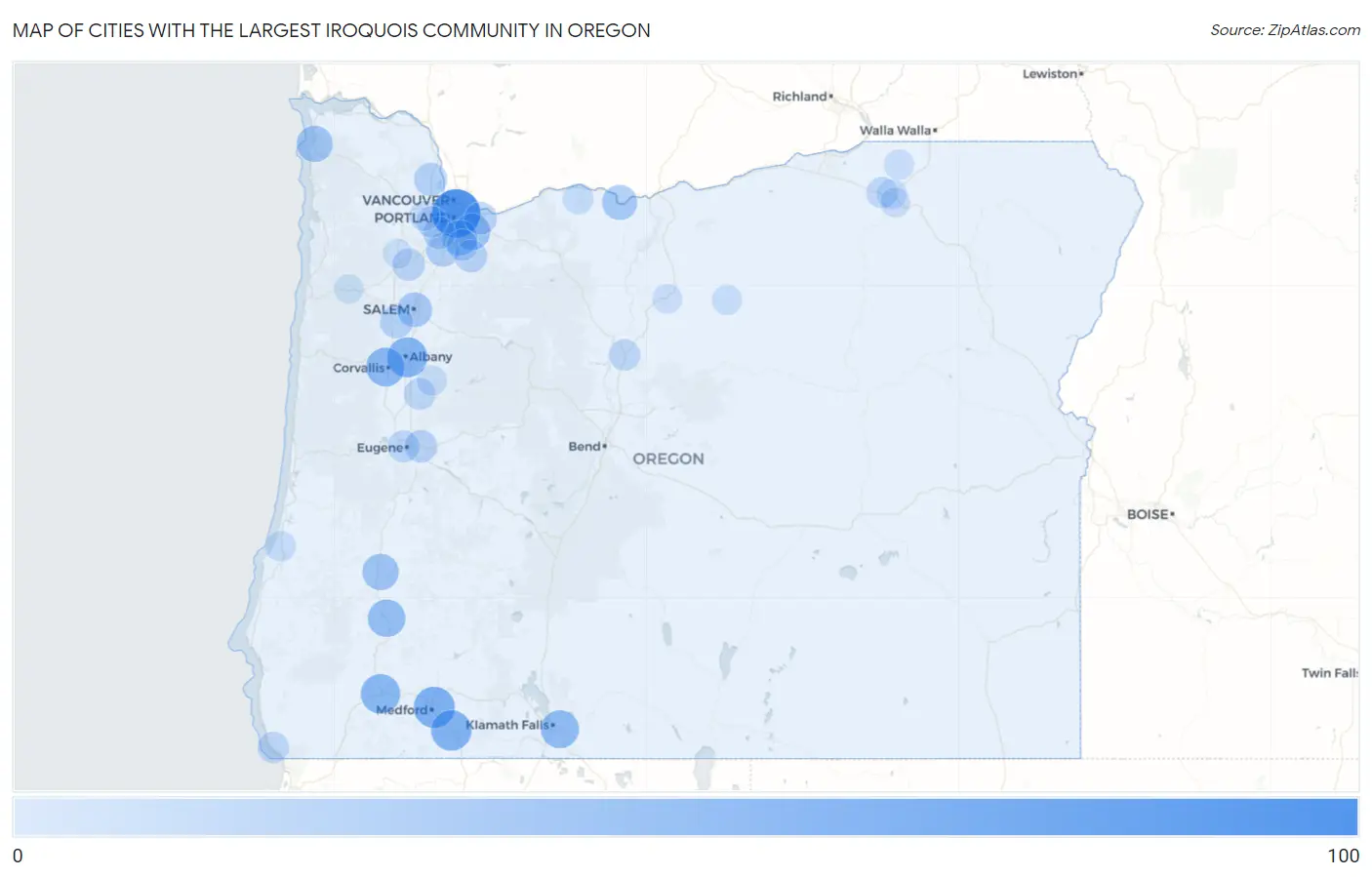 Cities with the Largest Iroquois Community in Oregon Map