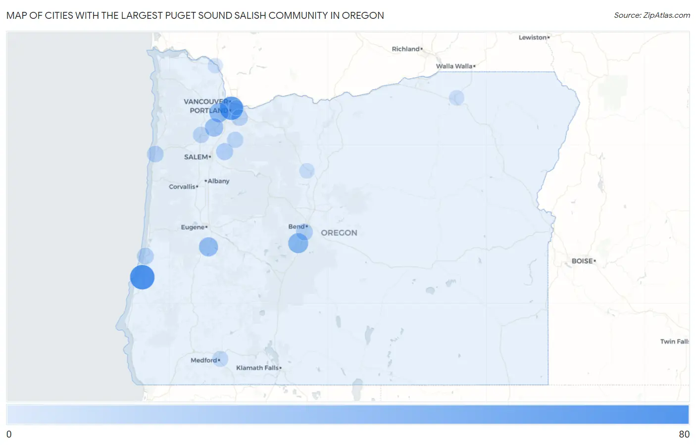 Cities with the Largest Puget Sound Salish Community in Oregon Map
