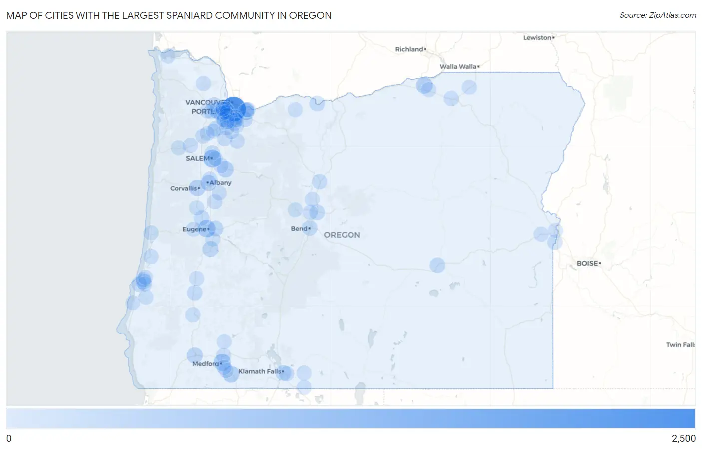 Cities with the Largest Spaniard Community in Oregon Map