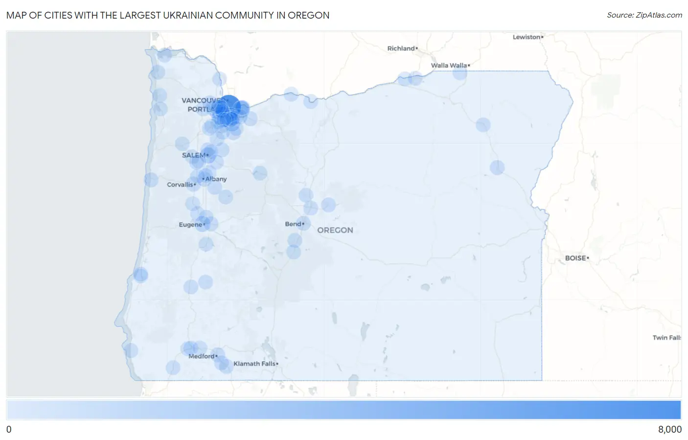 Cities with the Largest Ukrainian Community in Oregon Map