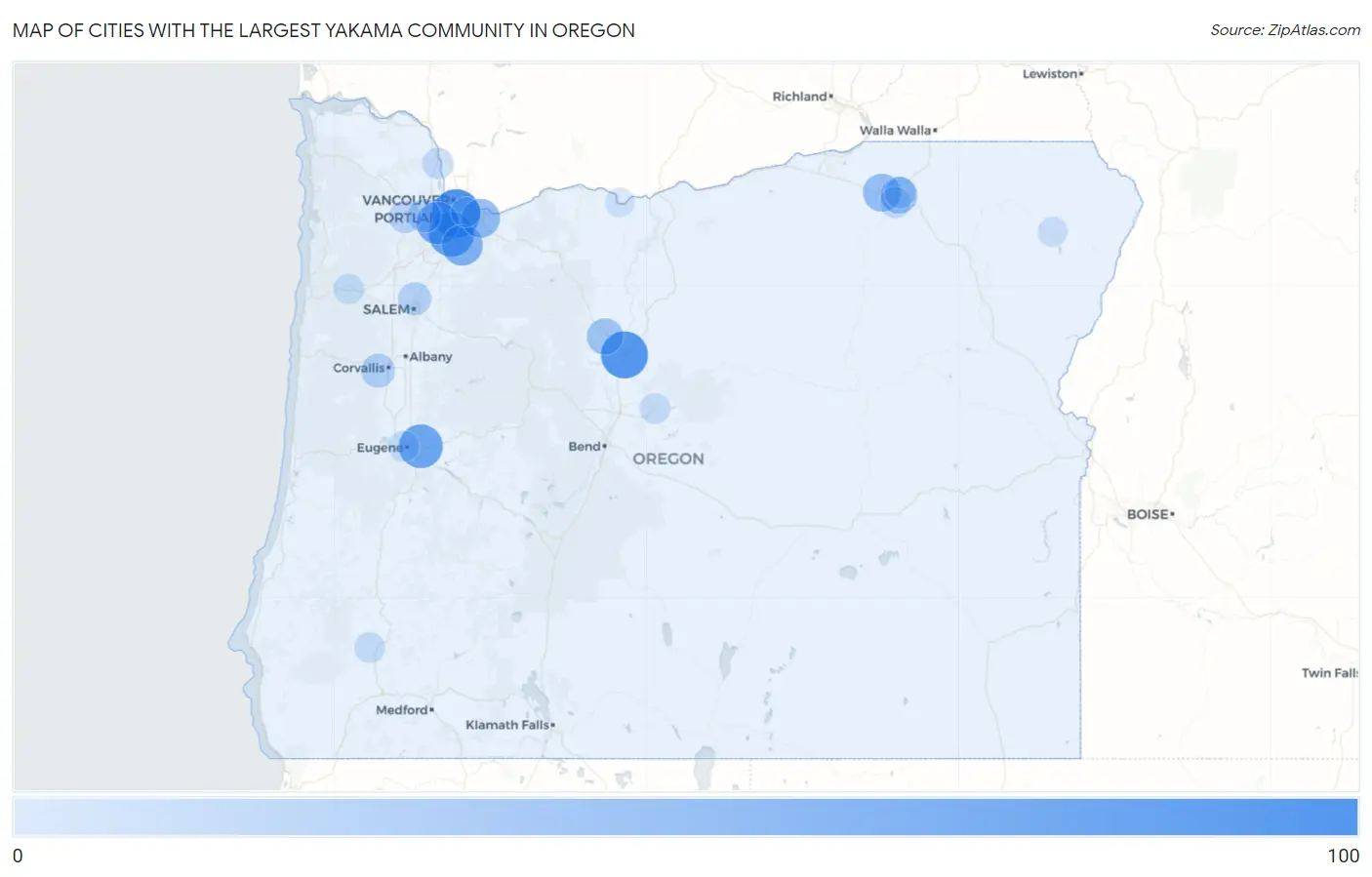 Cities with the Largest Yakama Community in Oregon Map