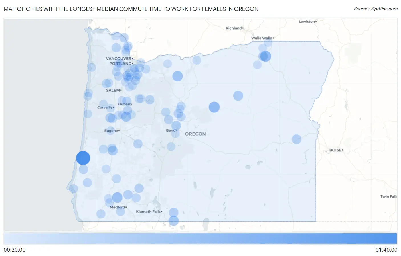 Cities with the Longest Median Commute Time to Work for Females in Oregon Map