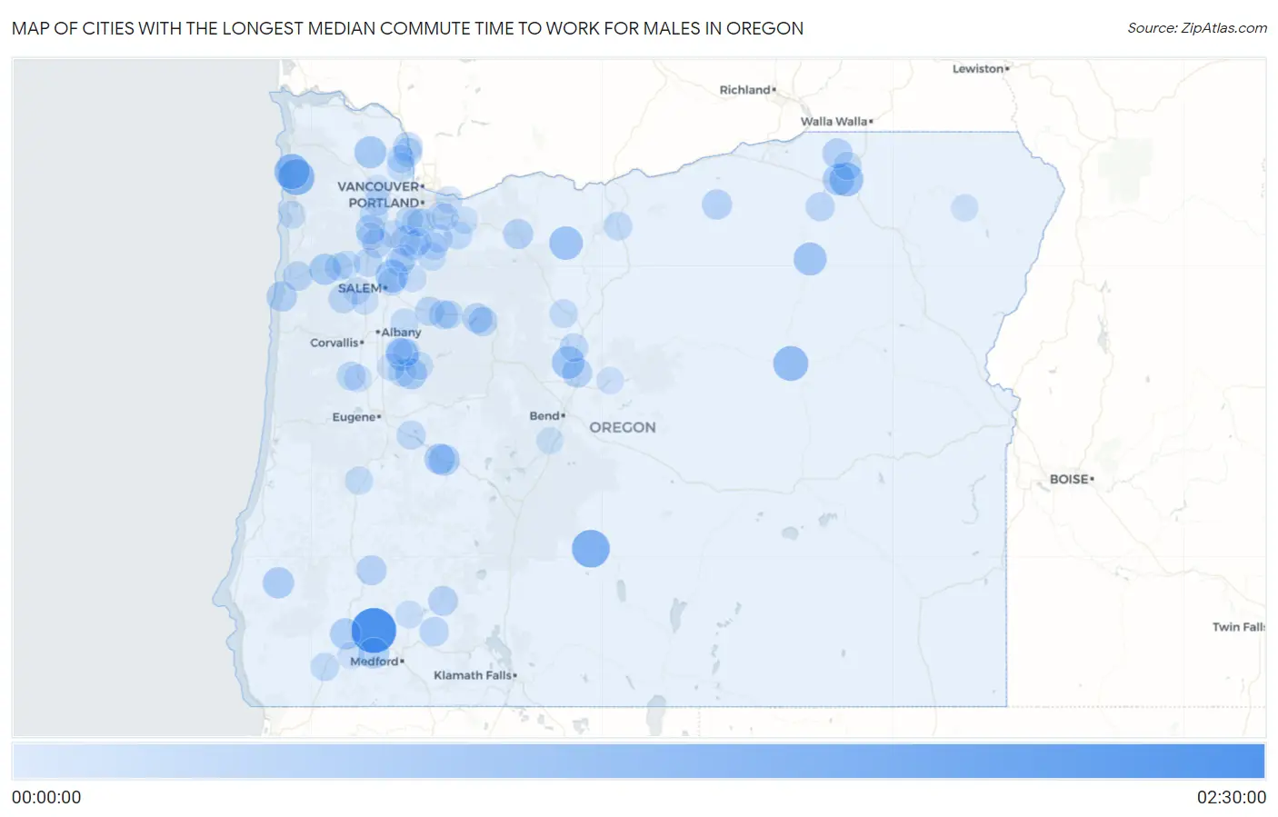 Cities with the Longest Median Commute Time to Work for Males in Oregon Map