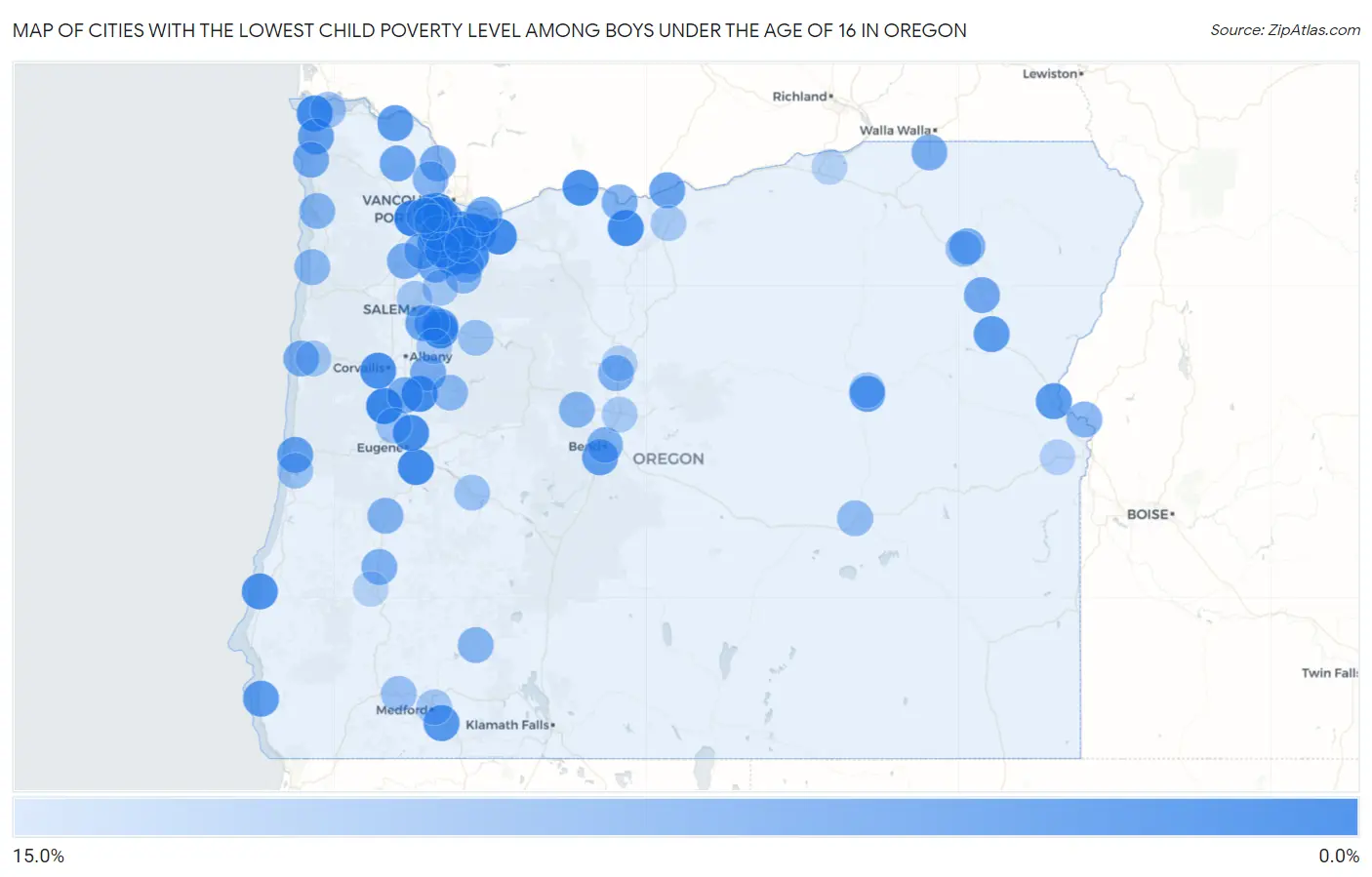 Cities with the Lowest Child Poverty Level Among Boys Under the Age of 16 in Oregon Map