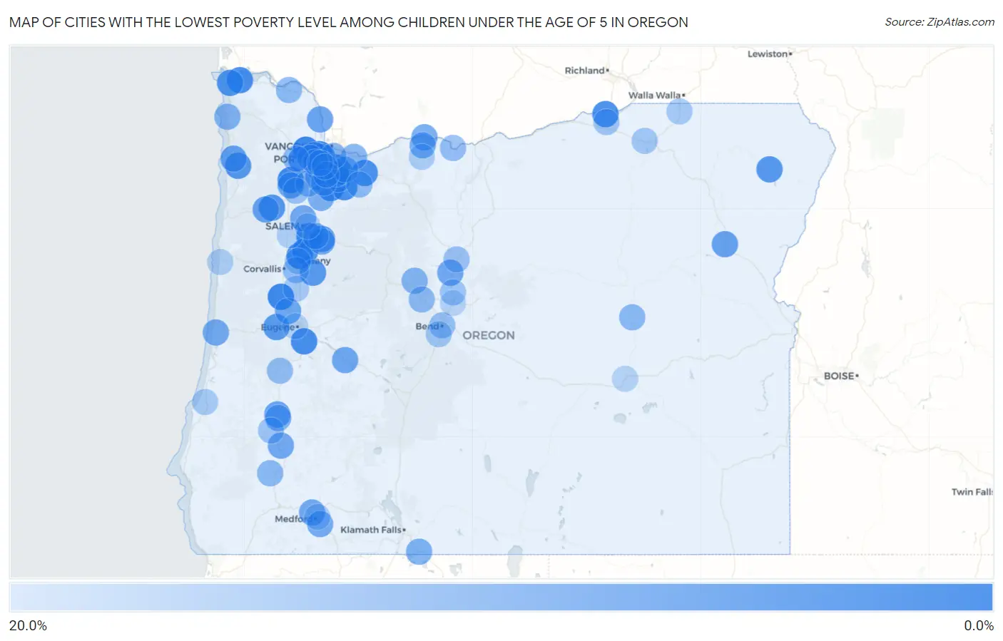 Cities with the Lowest Poverty Level Among Children Under the Age of 5 in Oregon Map