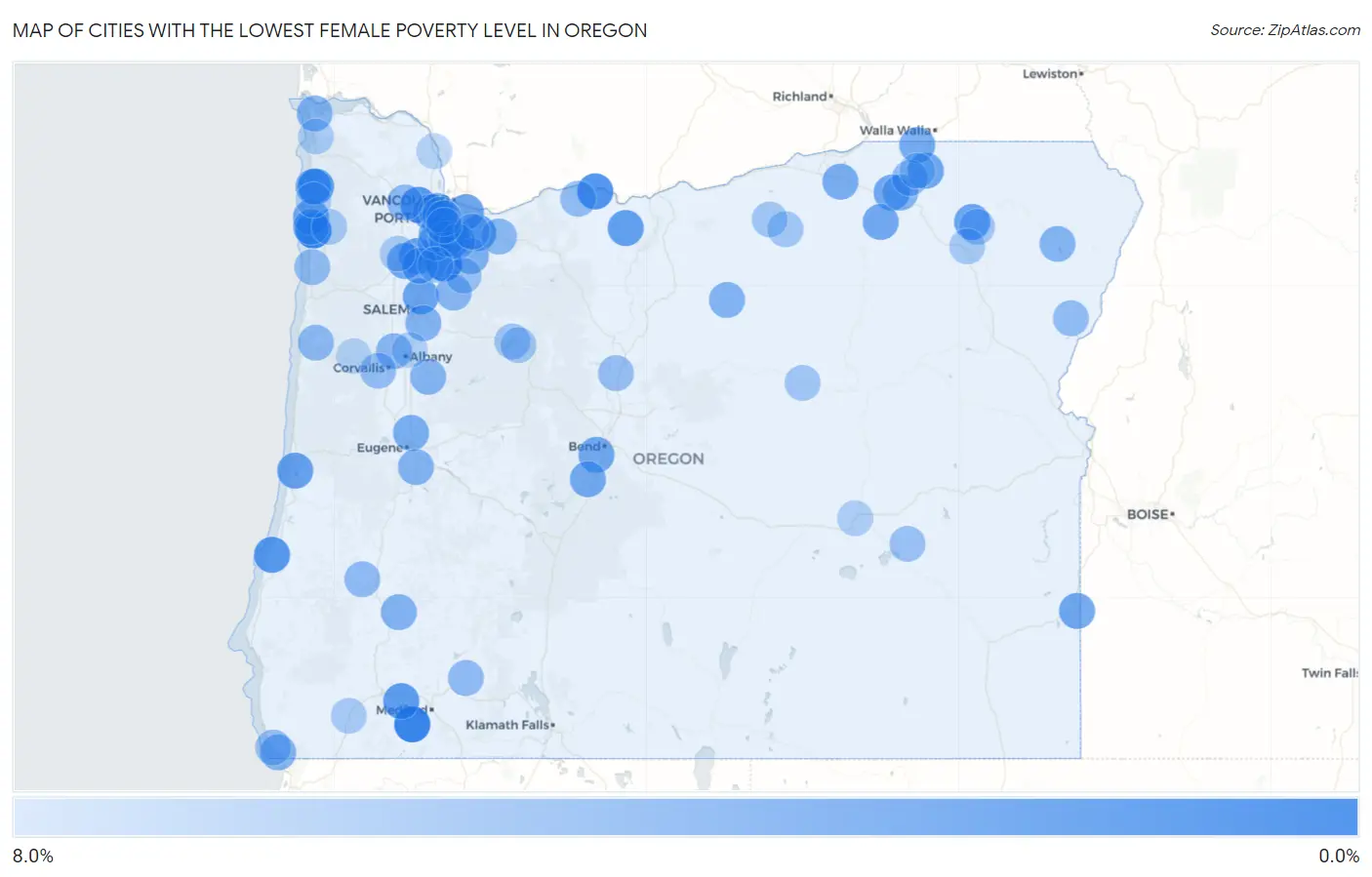 Cities with the Lowest Female Poverty Level in Oregon Map