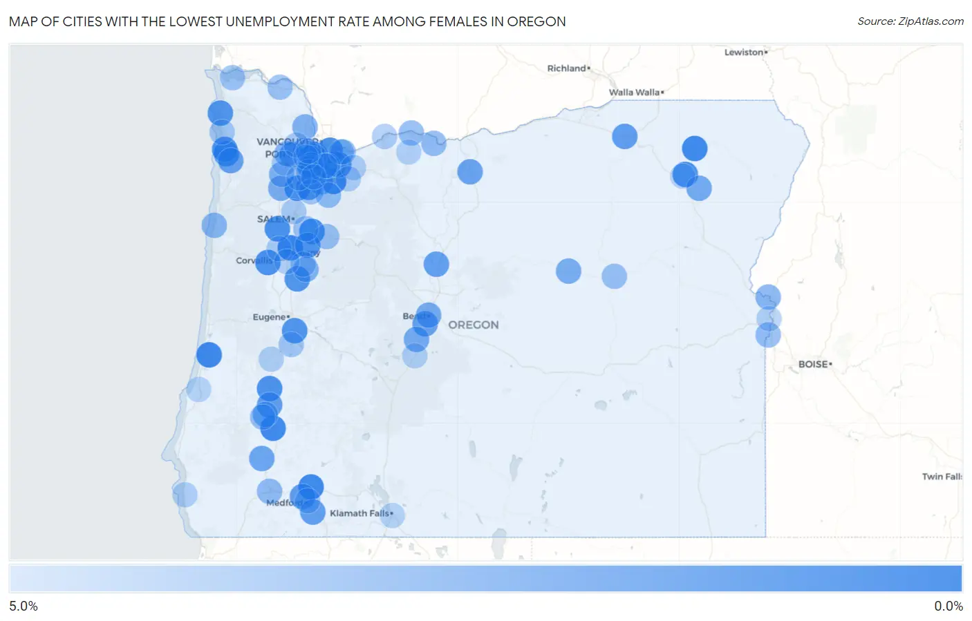 Cities with the Lowest Unemployment Rate Among Females in Oregon Map