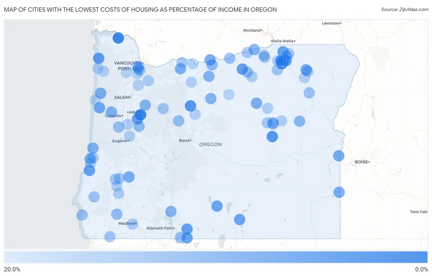 Cities with the Lowest Costs of Housing as Percentage of Income in Oregon Map