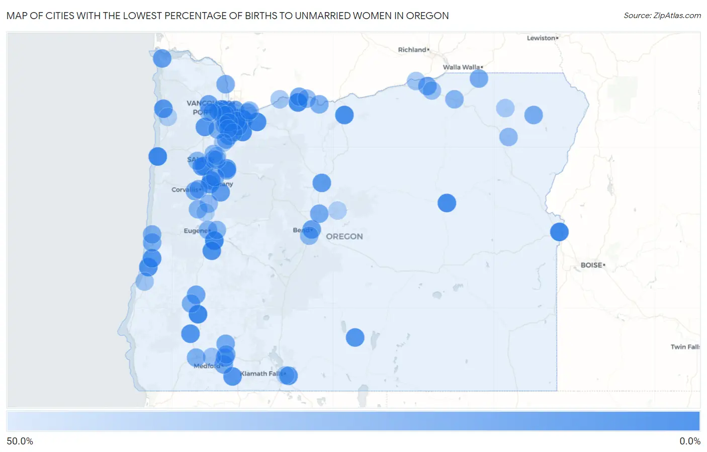 Cities with the Lowest Percentage of Births to Unmarried Women in Oregon Map