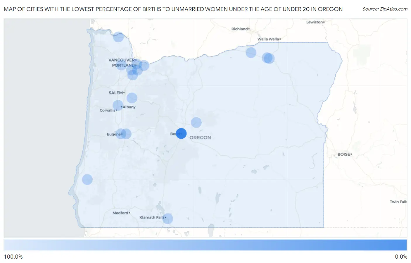 Cities with the Lowest Percentage of Births to Unmarried Women under the Age of under 20 in Oregon Map