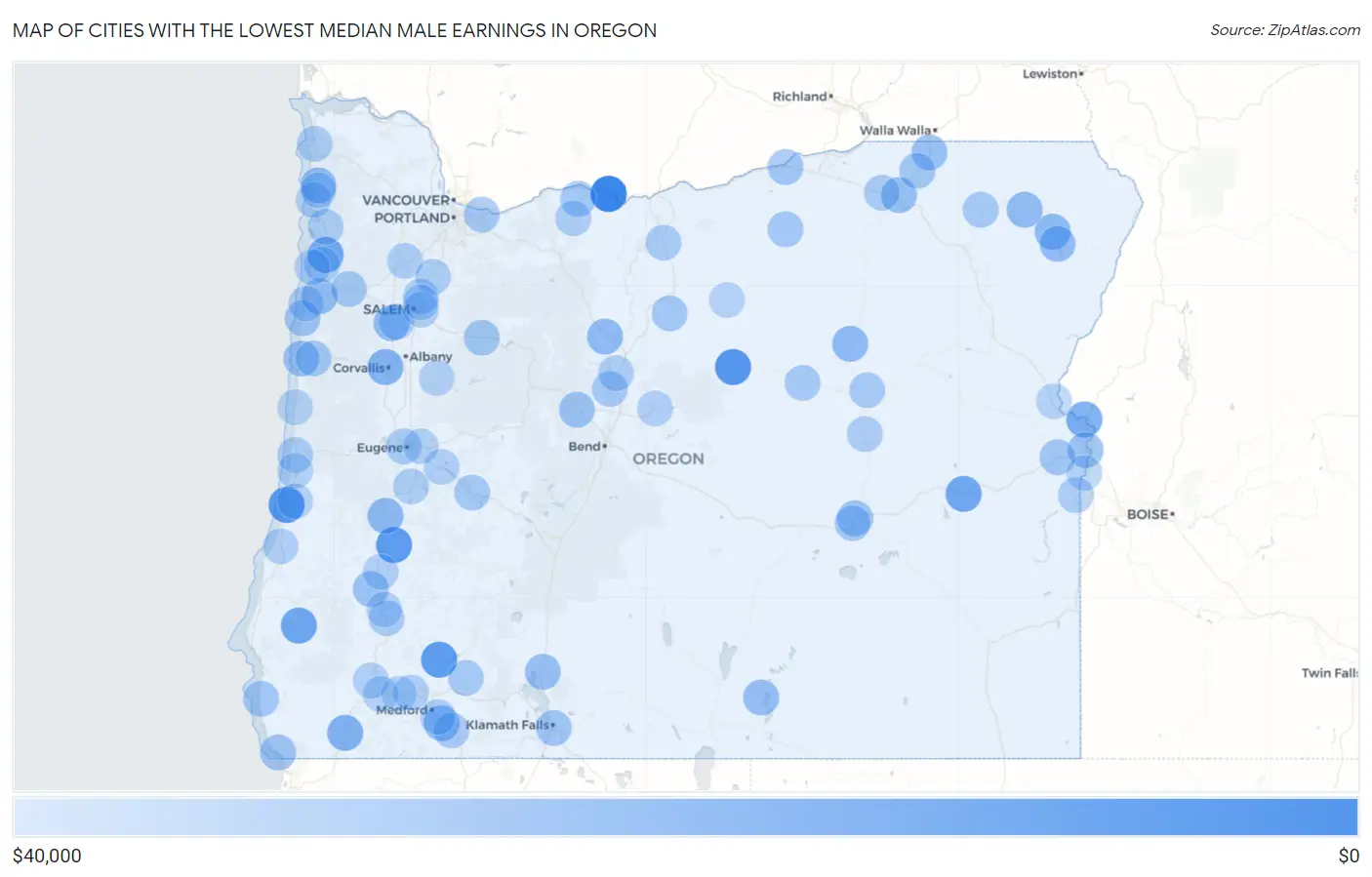 Cities with the Lowest Median Male Earnings in Oregon Map
