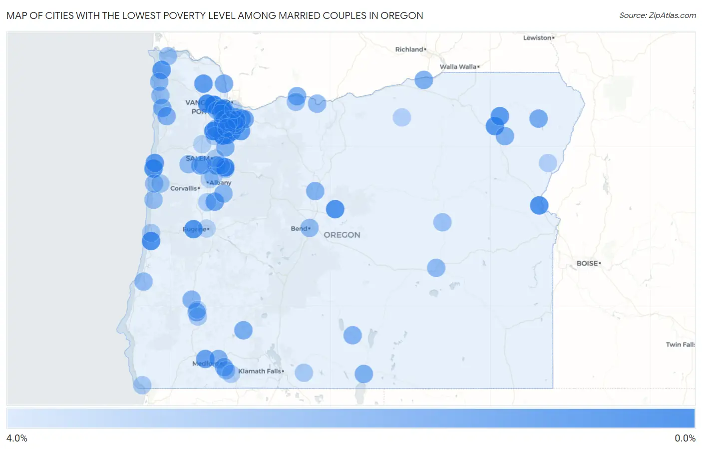 Cities with the Lowest Poverty Level Among Married Couples in Oregon Map