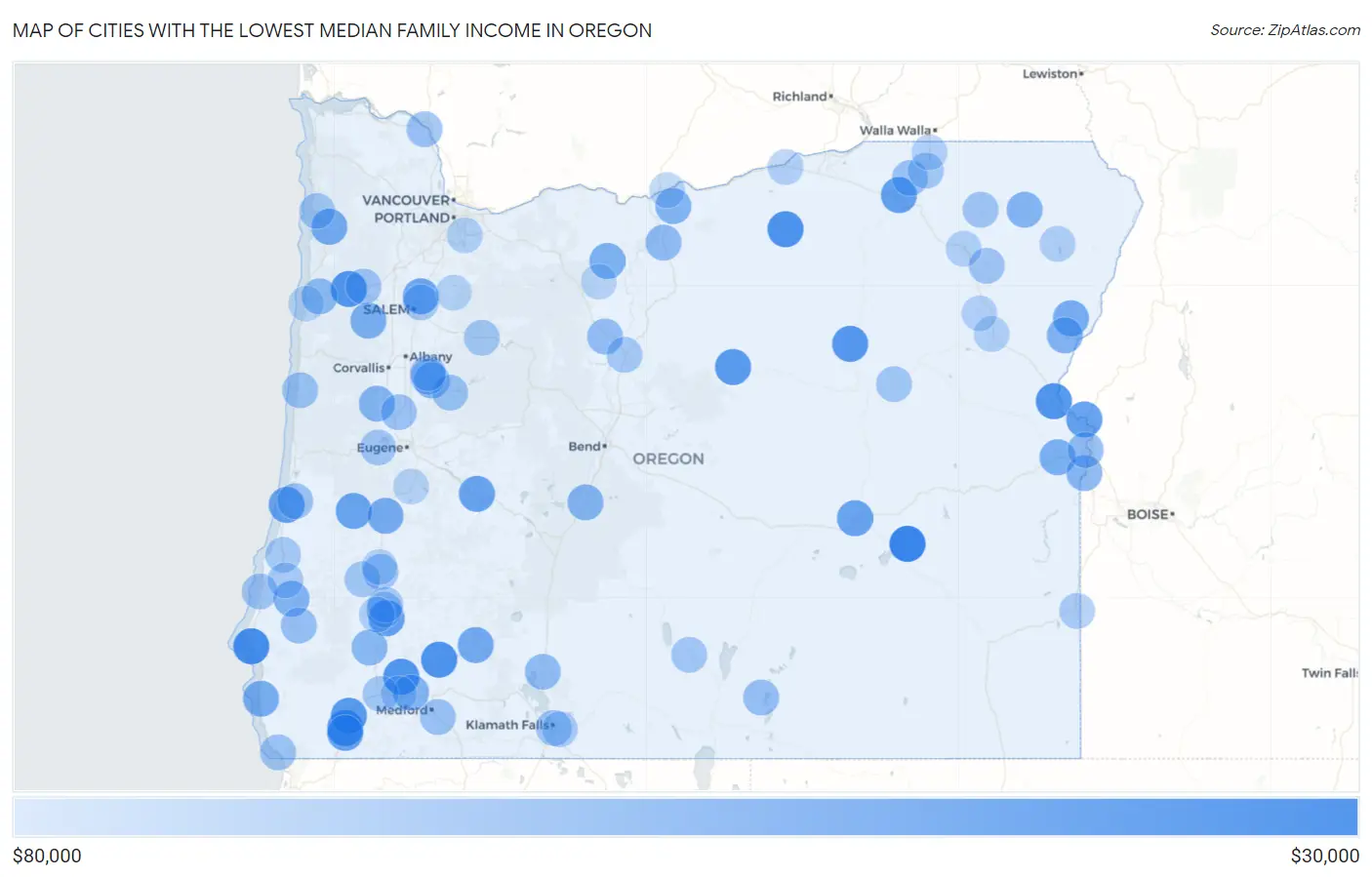 Cities with the Lowest Median Family Income in Oregon Map