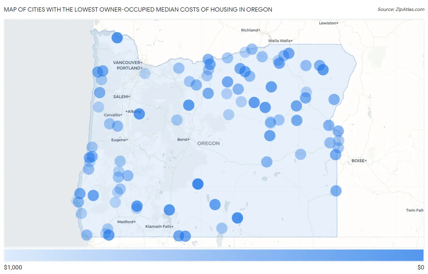 Cities with the Lowest Owner-Occupied Median Costs of Housing in Oregon Map