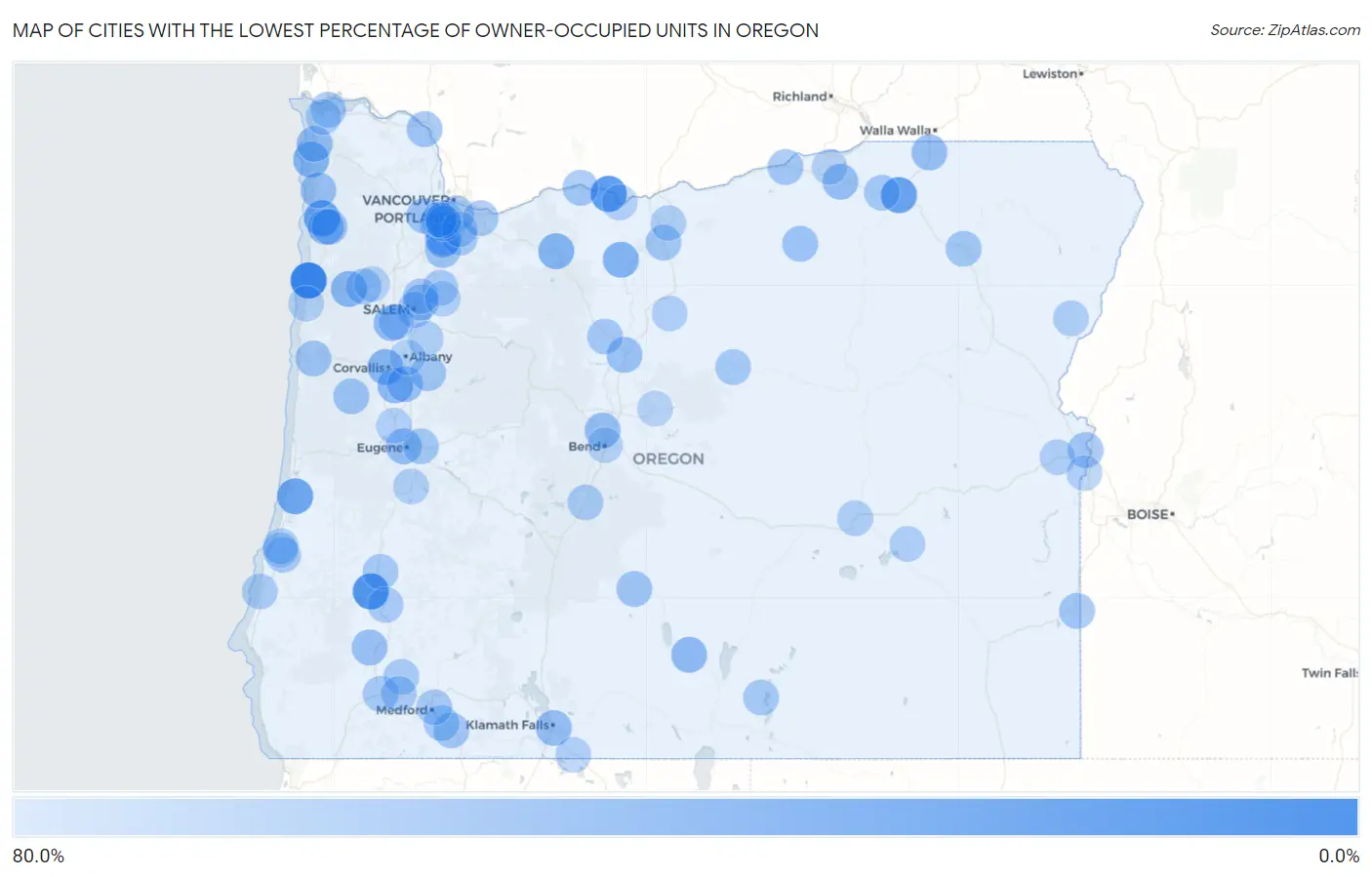 Cities with the Lowest Percentage of Owner-Occupied Units in Oregon Map