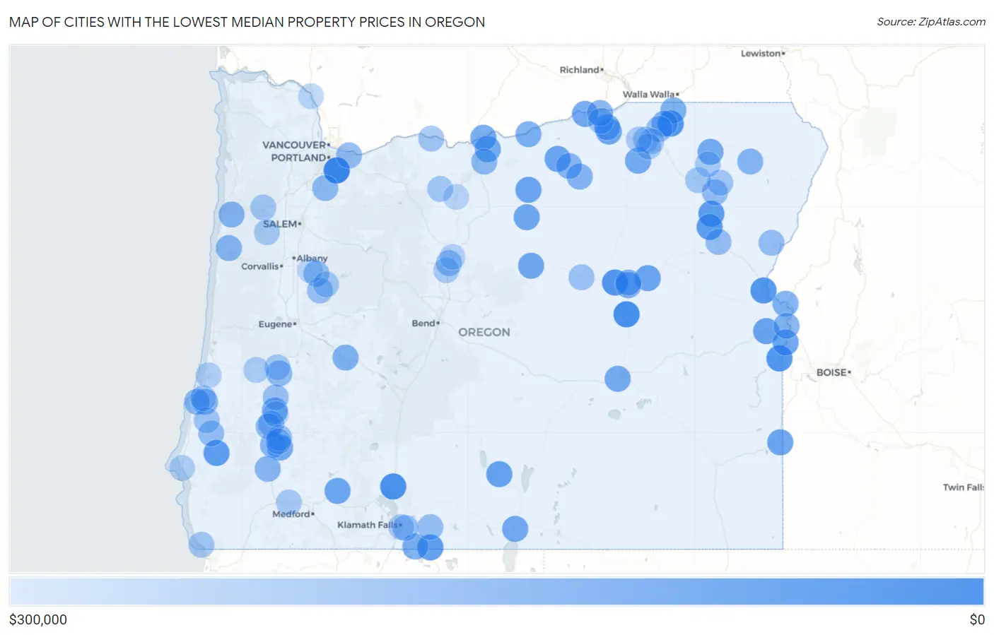 Cities with the Lowest Median Property Prices in Oregon Map