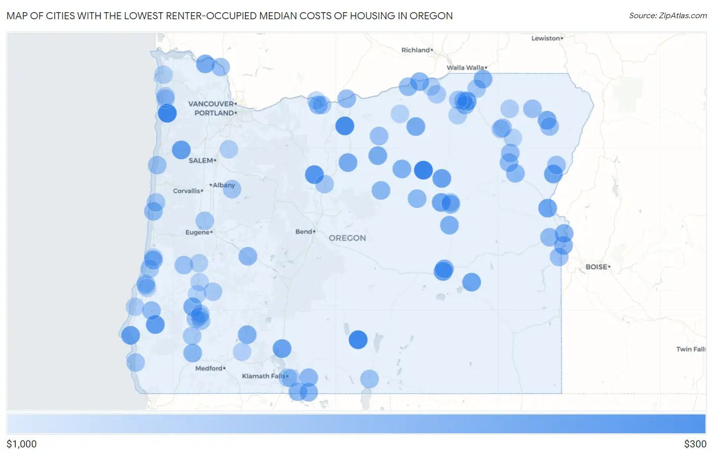 Cities with the Lowest Renter-Occupied Median Costs of Housing in Oregon Map
