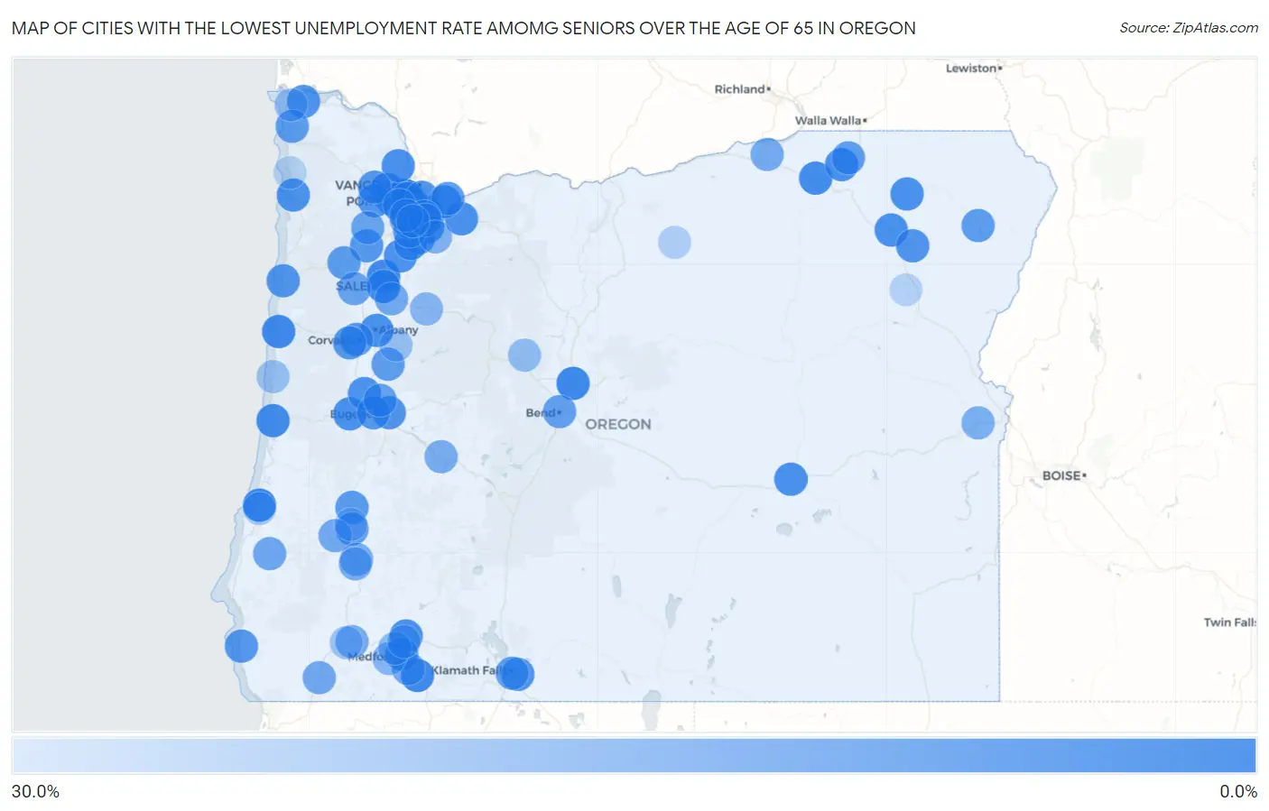 Cities with the Lowest Unemployment Rate Amomg Seniors Over the Age of 65 in Oregon Map