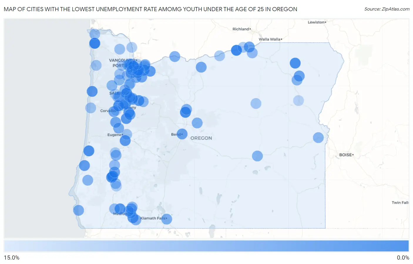 Cities with the Lowest Unemployment Rate Amomg Youth Under the Age of 25 in Oregon Map