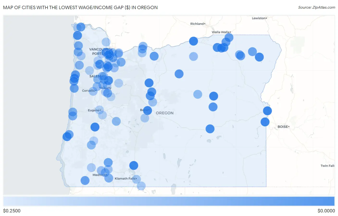 Cities with the Lowest Wage/Income Gap ($) in Oregon Map