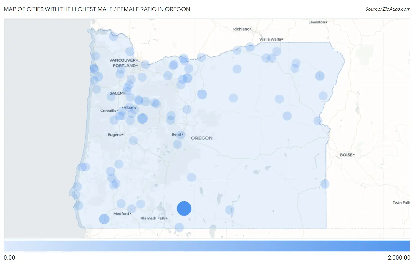 Cities with the Highest Male / Female Ratio in Oregon Map