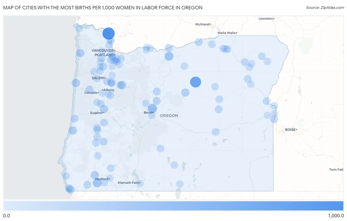 Cities with the Most Births per 1,000 Women in Labor Force in Oregon Map