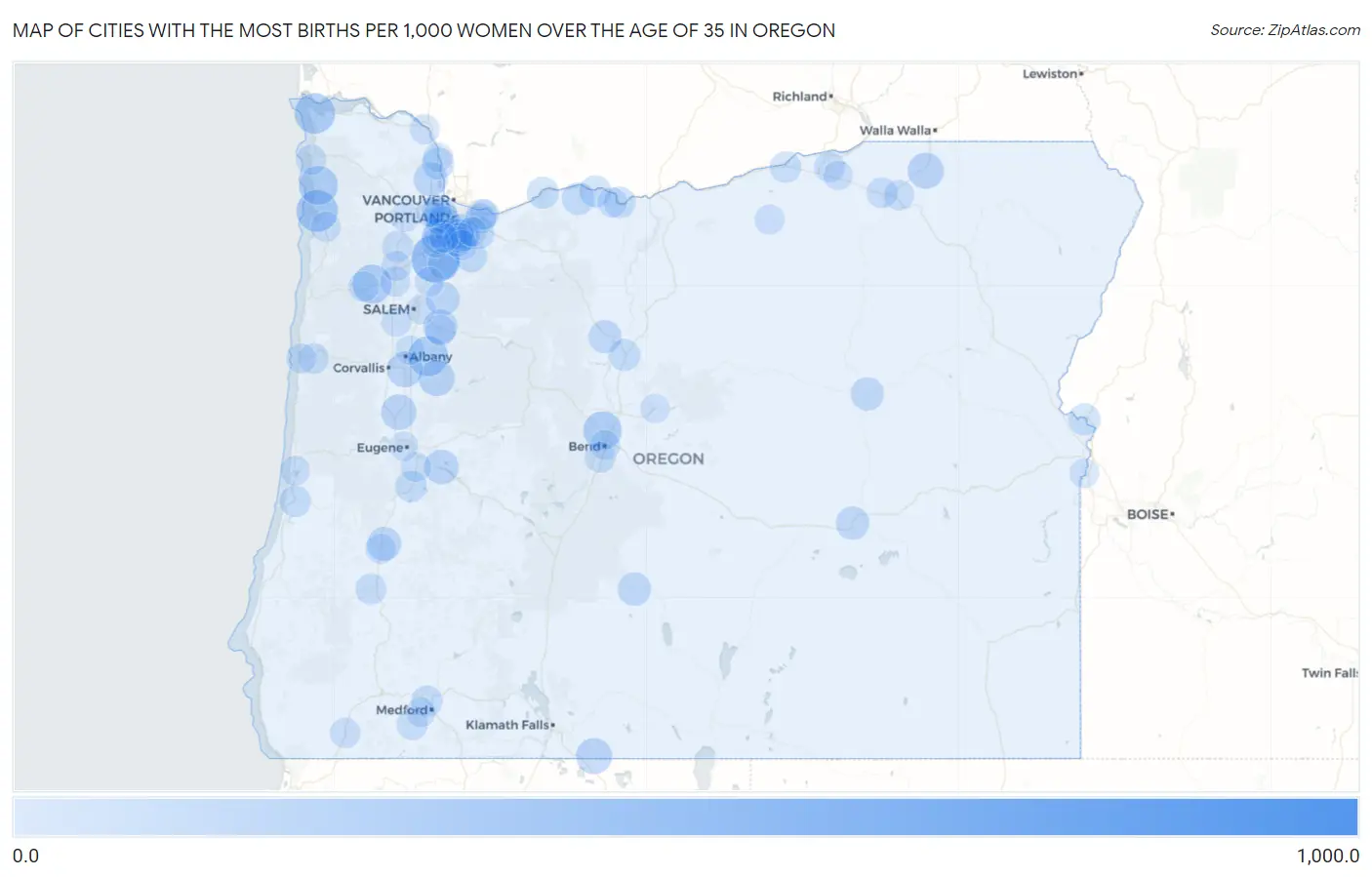 Cities with the Most Births per 1,000 Women Over the Age of 35 in Oregon Map