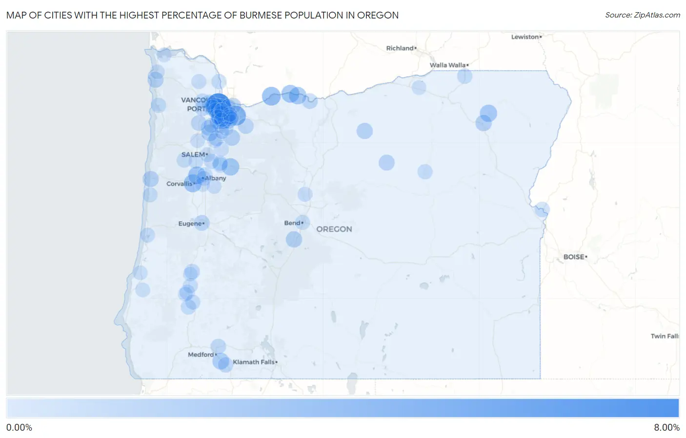 Cities with the Highest Percentage of Burmese Population in Oregon Map