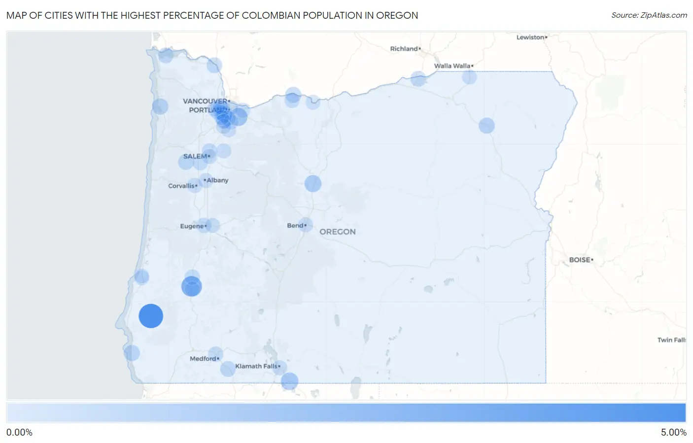 Cities with the Highest Percentage of Colombian Population in Oregon Map