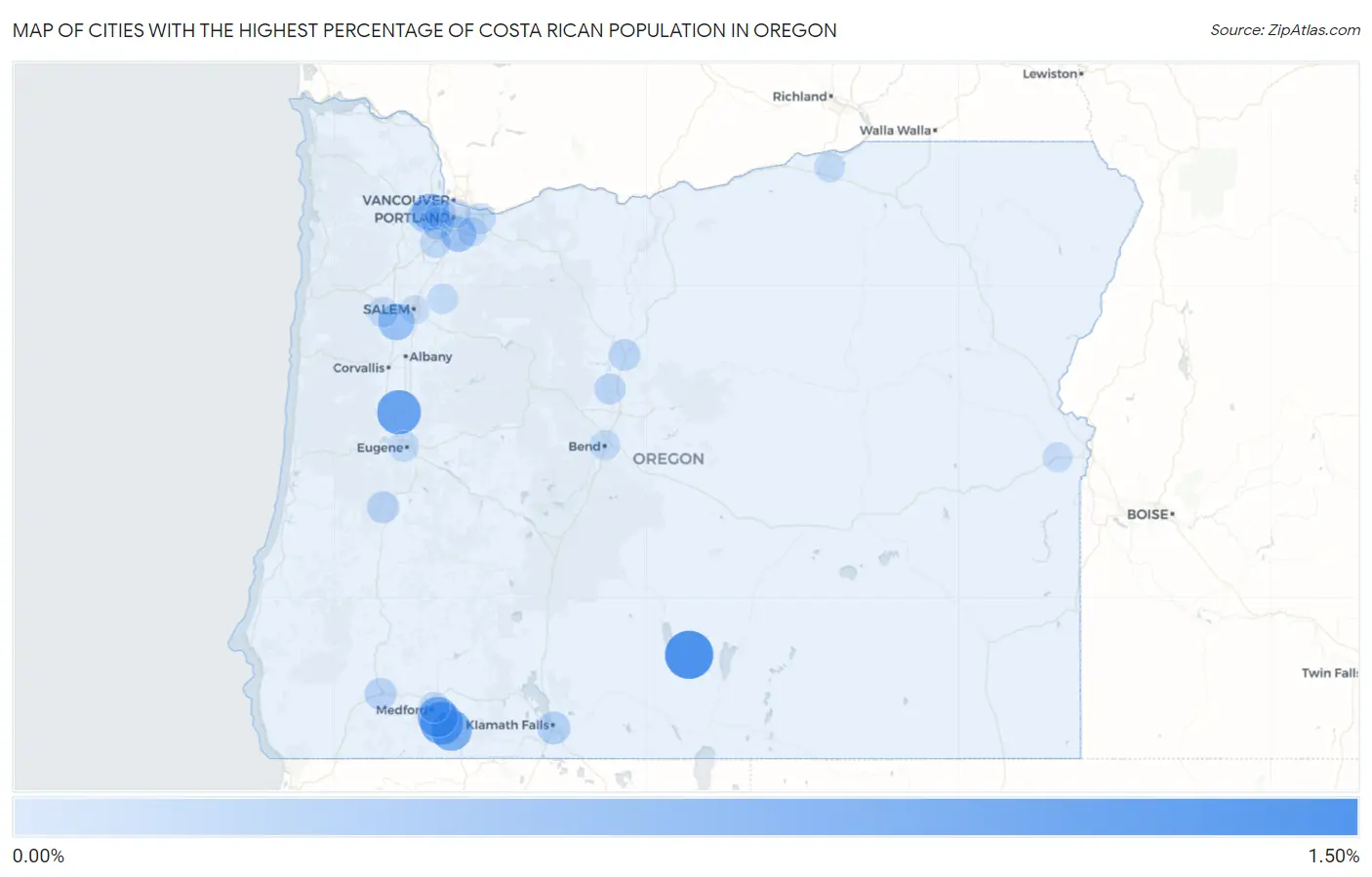Cities with the Highest Percentage of Costa Rican Population in Oregon Map