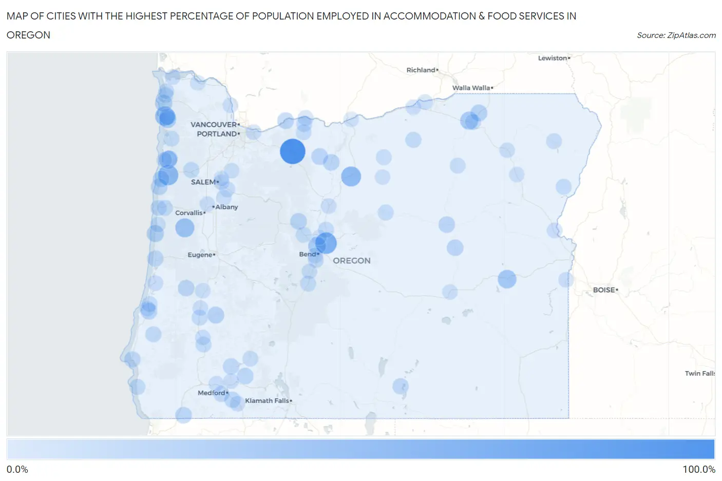 Cities with the Highest Percentage of Population Employed in Accommodation & Food Services in Oregon Map