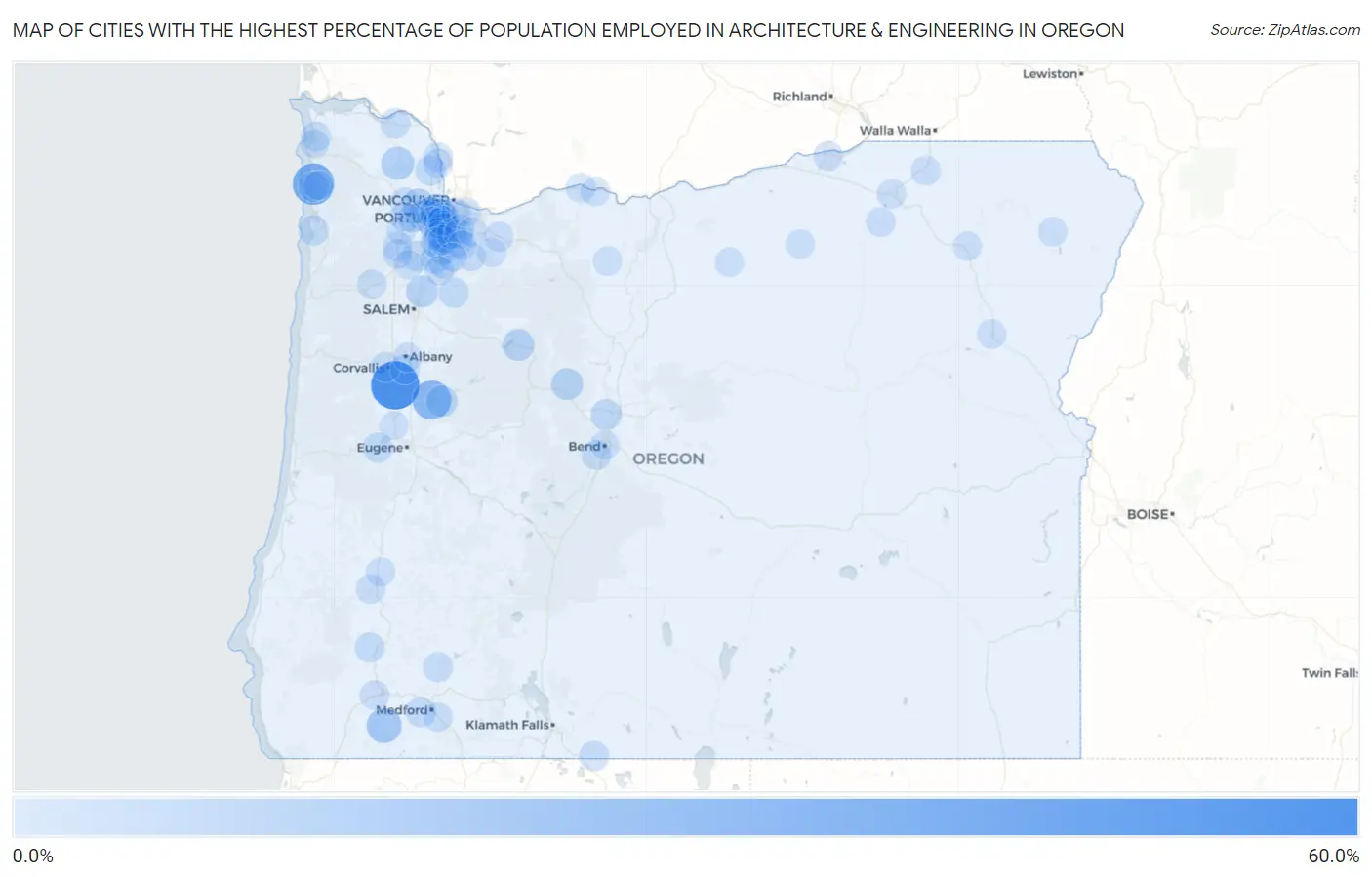 Cities with the Highest Percentage of Population Employed in Architecture & Engineering in Oregon Map