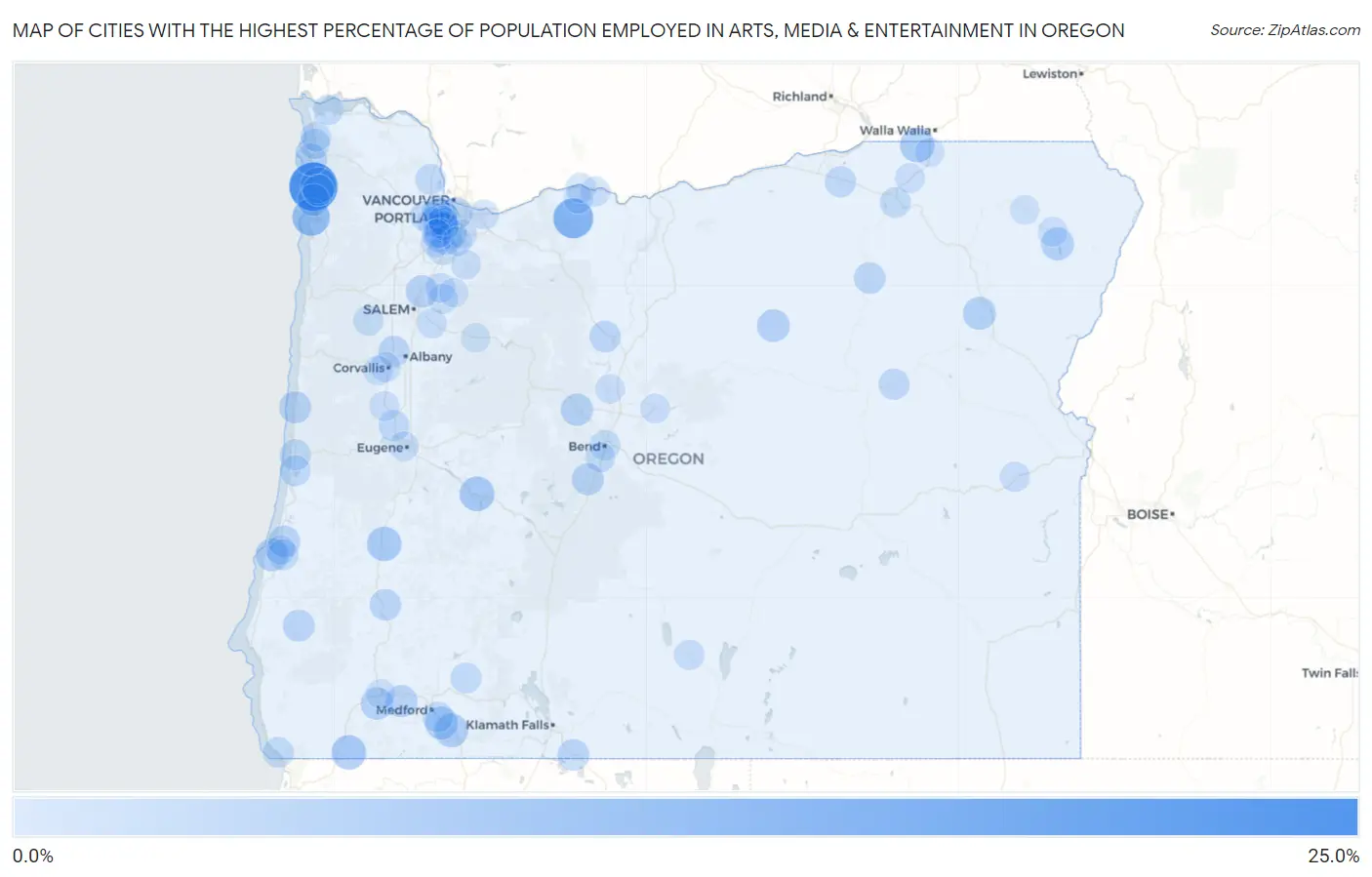 Cities with the Highest Percentage of Population Employed in Arts, Media & Entertainment in Oregon Map