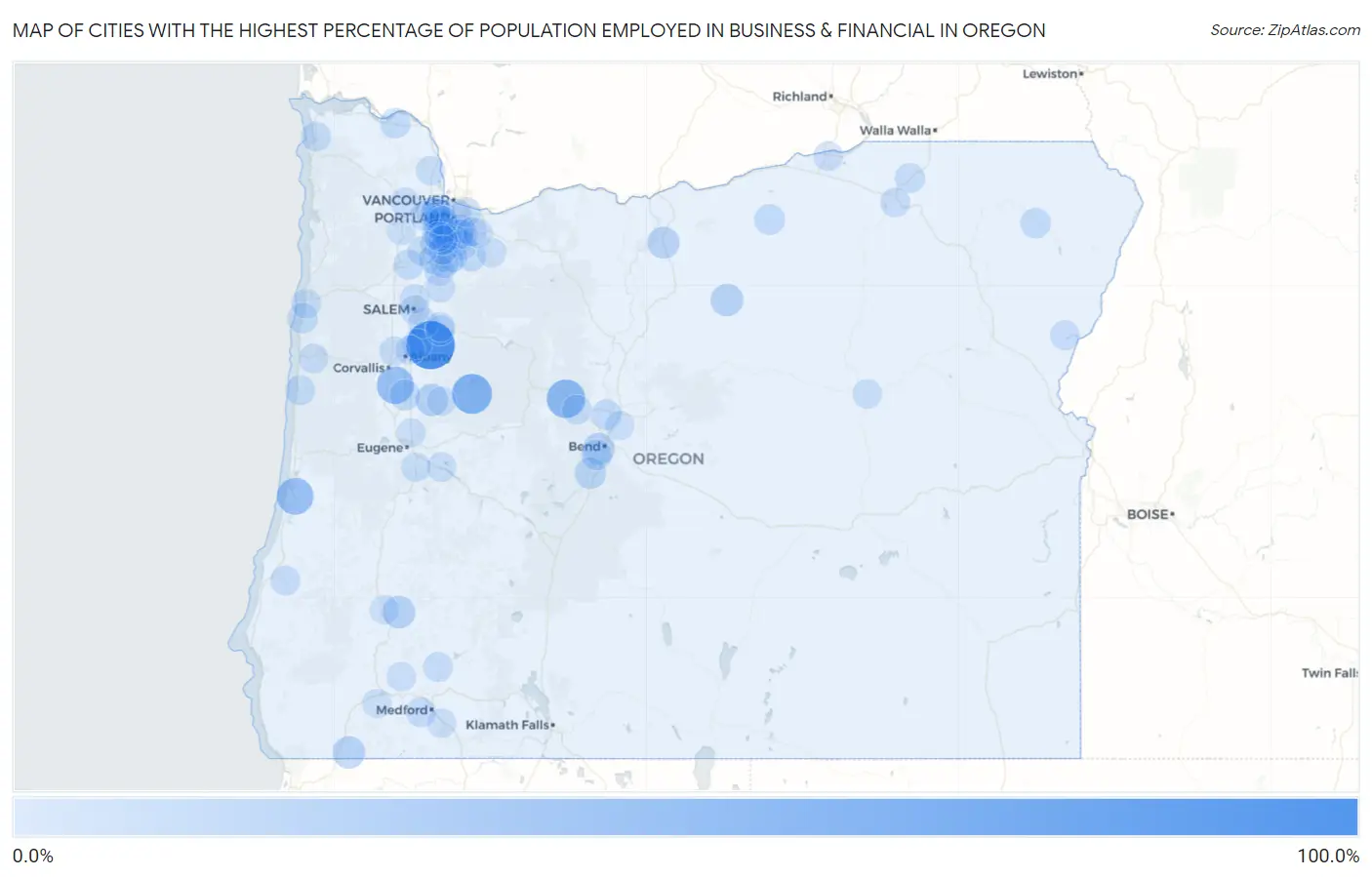 Cities with the Highest Percentage of Population Employed in Business & Financial in Oregon Map