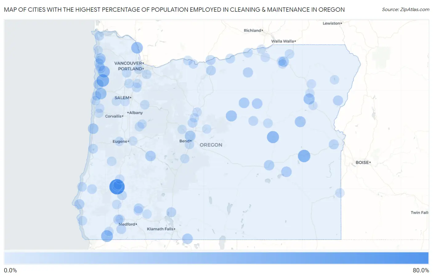 Cities with the Highest Percentage of Population Employed in Cleaning & Maintenance in Oregon Map