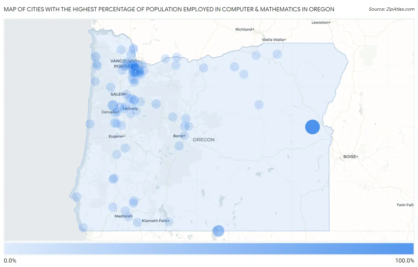 Cities with the Highest Percentage of Population Employed in Computer & Mathematics in Oregon Map