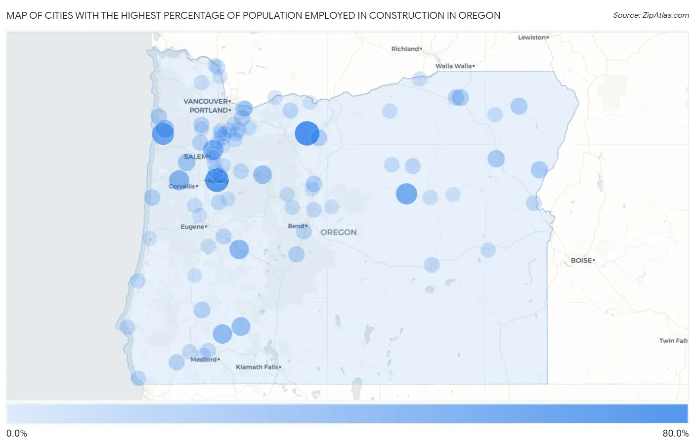 Cities with the Highest Percentage of Population Employed in Construction in Oregon Map