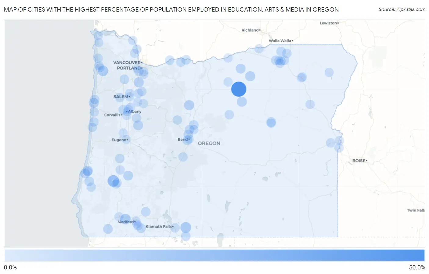 Cities with the Highest Percentage of Population Employed in Education, Arts & Media in Oregon Map
