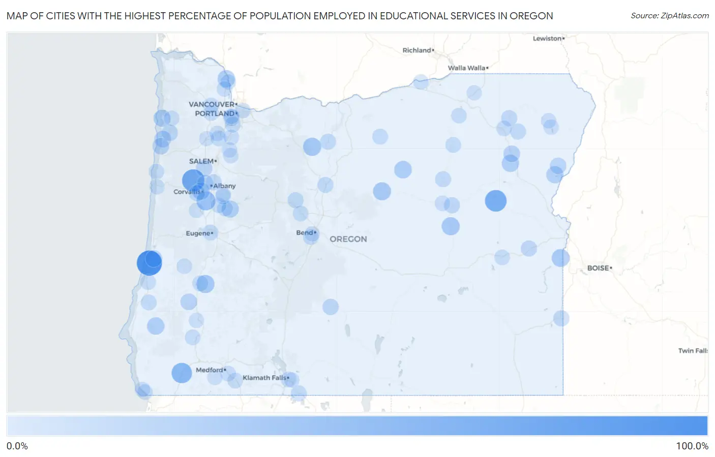 Cities with the Highest Percentage of Population Employed in Educational Services in Oregon Map
